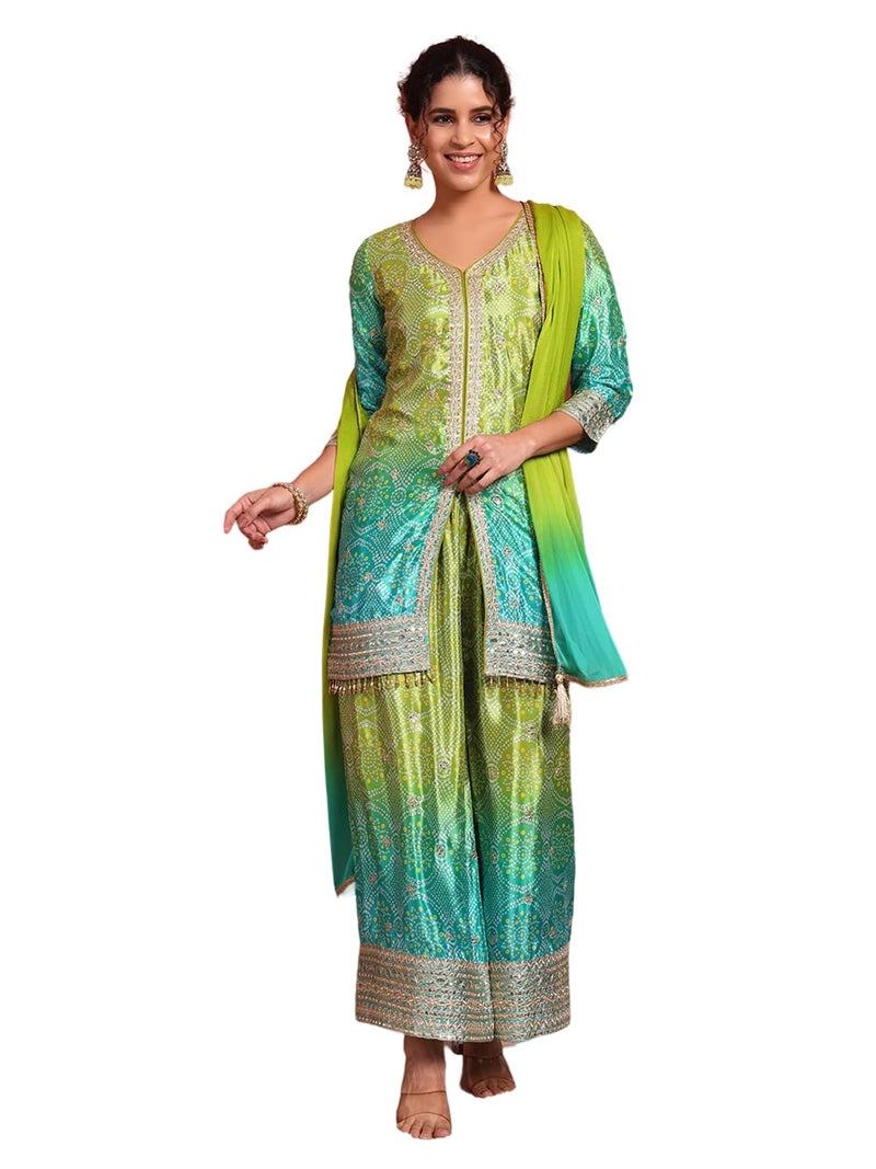 SHOPPING QUEEN Women's Silk Blend Bandhani Kurta and Palazzo Set (A584_Parrot_XL) - Image 1