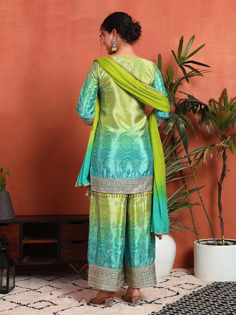 SHOPPING QUEEN Women's Silk Blend Bandhani Kurta and Palazzo Set (A584_Parrot_XL) - Image 2