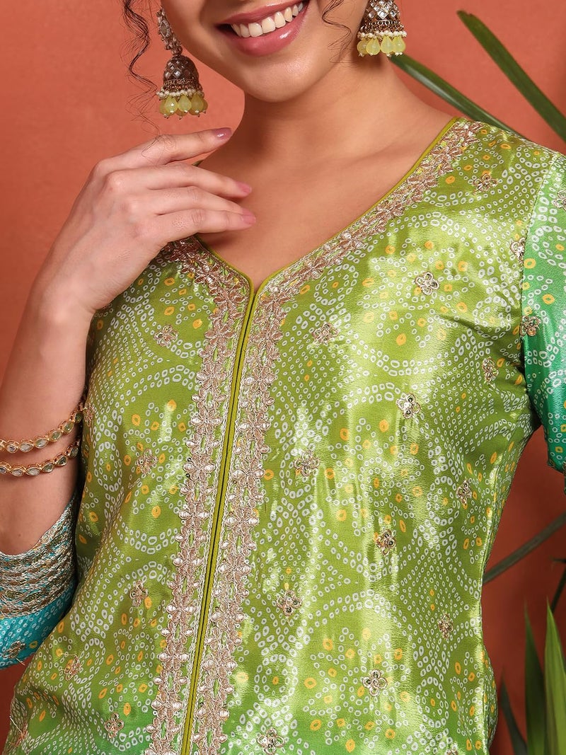 SHOPPING QUEEN Women's Silk Blend Bandhani Kurta and Palazzo Set (A584_Parrot_XL) - Image 4