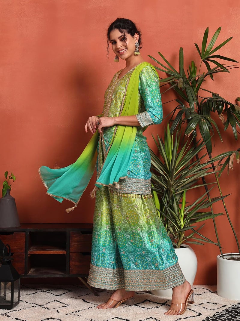 SHOPPING QUEEN Women's Silk Blend Bandhani Kurta and Palazzo Set (A584_Parrot_XL) - Image 3