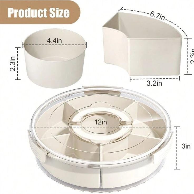 GNEY 6-Compartment Rotating Snack Box with Handle & Lid – 12-Inch Round Charcuterie Serving Tray, Divided Storage Organizer for Dry Fruits,Spices,Candy,Fruits,Veggies, Portable & Elegant Design - Image 2