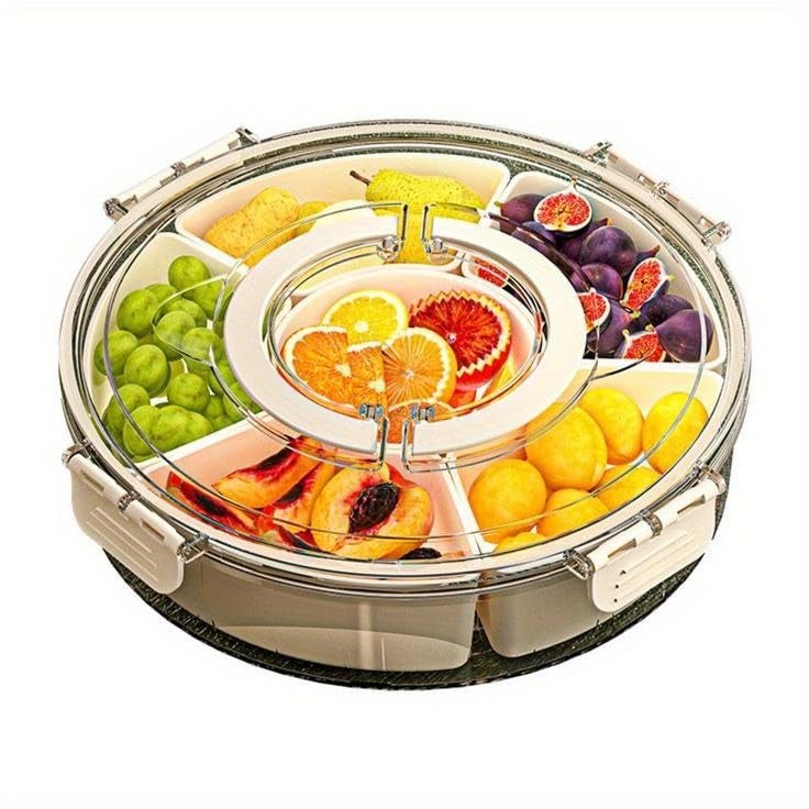 GNEY 6-Compartment Rotating Snack Box with Handle & Lid – 12-Inch Round Charcuterie Serving Tray, Divided Storage Organizer for Dry Fruits,Spices,Candy,Fruits,Veggies, Portable & Elegant Design - Image 1