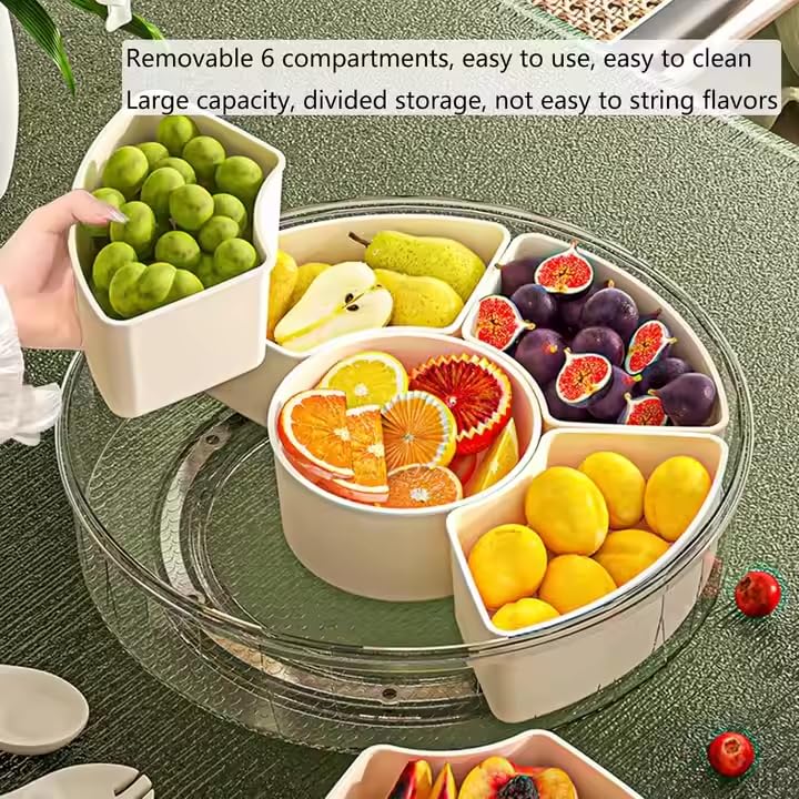 GNEY 6-Compartment Rotating Snack Box with Handle & Lid – 12-Inch Round Charcuterie Serving Tray, Divided Storage Organizer for Dry Fruits,Spices,Candy,Fruits,Veggies, Portable & Elegant Design - Image 5