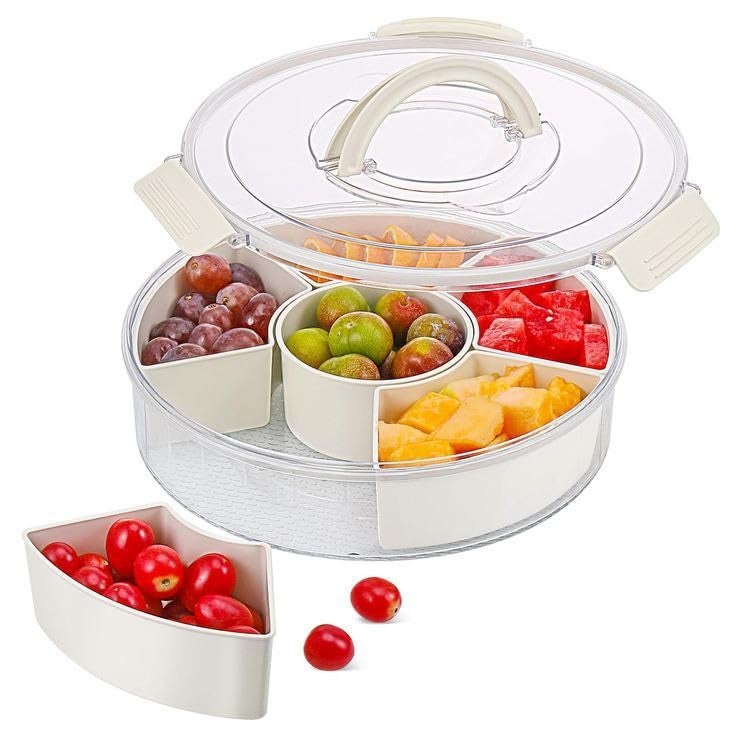 GNEY 6-Compartment Rotating Snack Box with Handle & Lid – 12-Inch Round Charcuterie Serving Tray, Divided Storage Organizer for Dry Fruits,Spices,Candy,Fruits,Veggies, Portable & Elegant Design - Image 4