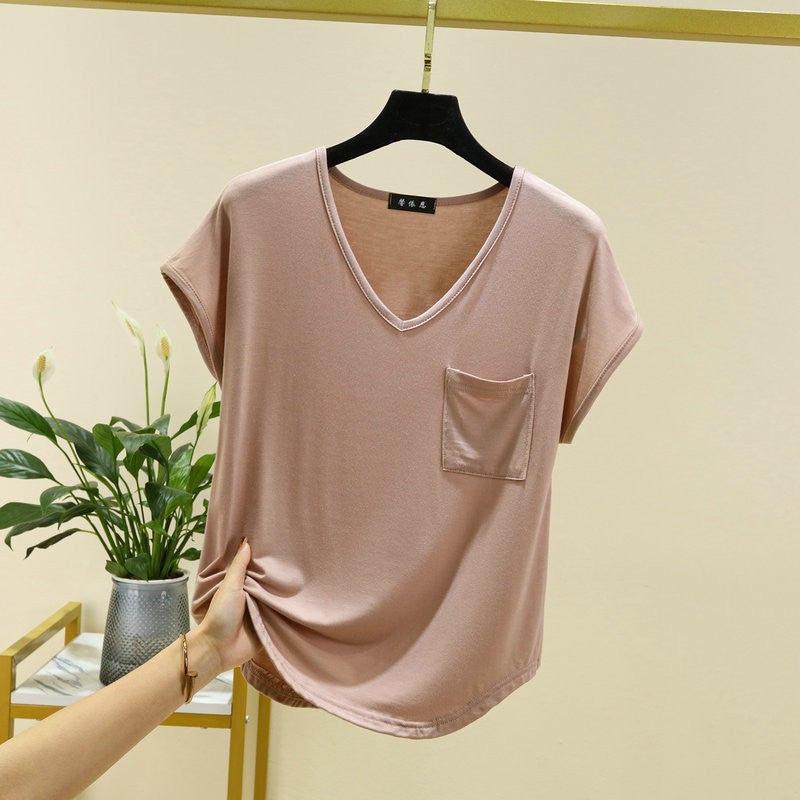 All-Match Loose V-Neck Pocket Short-Sleeve T-Shirt Women'S Summer Thin Single-Wear Top Slim-Fit Solid Color Inner Base Shirt - Image 1