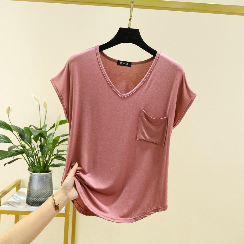 All-Match Loose V-Neck Pocket Short-Sleeve T-Shirt Women'S Summer Thin Single-Wear Top Slim-Fit Solid Color Inner Base Shirt - Image 5