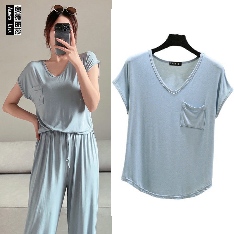 All-Match Loose V-Neck Pocket Short-Sleeve T-Shirt Women'S Summer Thin Single-Wear Top Slim-Fit Solid Color Inner Base Shirt - Image 2