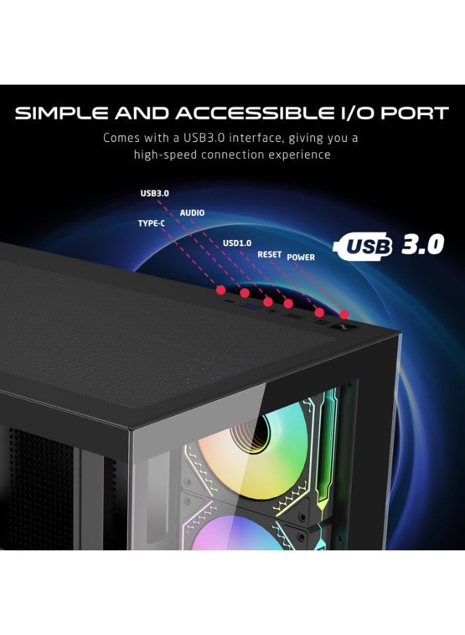 GAMEON GO-EMPERORVX-M ATX Mid Tower PC Case with 4x 120mm ARGB Fans Pre-Installed, Front & Side Tempered Glass, 360mm Liquid Cooling Support, 400mm GPU Clearance, USB Type-C, black - Image 4