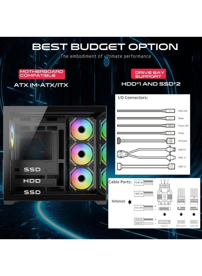 GAMEON GO-EMPERORVX-M ATX Mid Tower PC Case with 4x 120mm ARGB Fans Pre-Installed, Front & Side Tempered Glass, 360mm Liquid Cooling Support, 400mm GPU Clearance, USB Type-C, black - Image 2