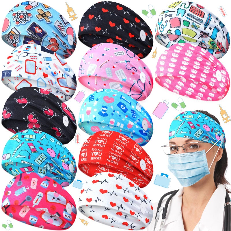 Jexine 12 Pcs Nurse Headbands for Women Non Slip Nursing Headbands with Buttons Dental Assistant Accessories Hygienist Doctor Gifts Elastic Hair Bands(Stylish) - Image 1