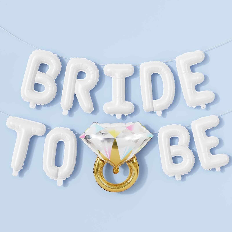 Paeyeq Bachelorette Party Decorations, White Bride To Be Bridal Shower Letter Balloons Banner with Diamond Ring Mylar Foil Balloon for Engagement Wedding Photo Booth Hen Night Room Party Decor - Image 1