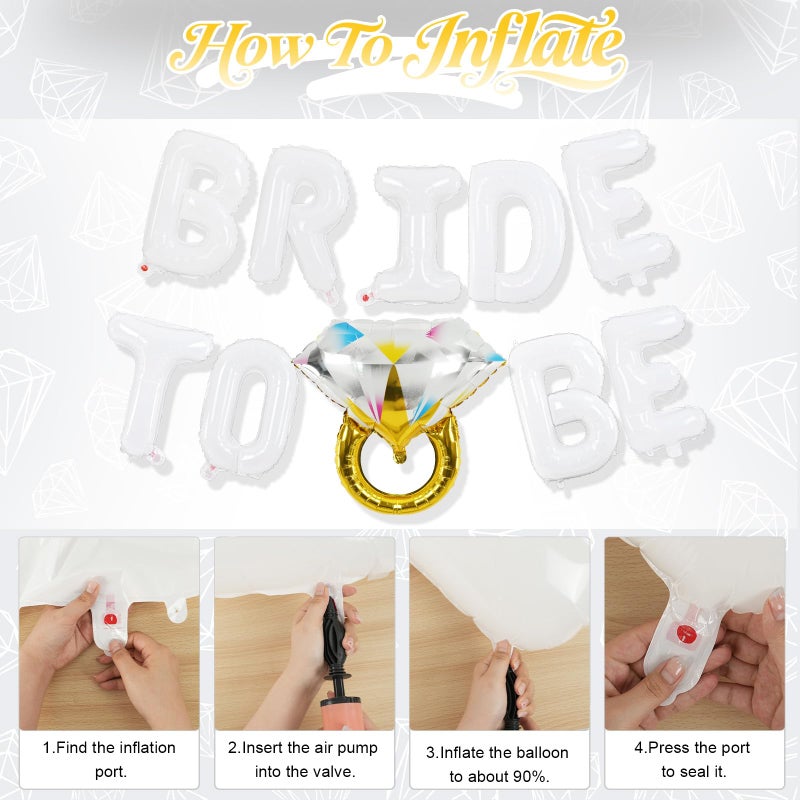 Paeyeq Bachelorette Party Decorations, White Bride To Be Bridal Shower Letter Balloons Banner with Diamond Ring Mylar Foil Balloon for Engagement Wedding Photo Booth Hen Night Room Party Decor - Image 3