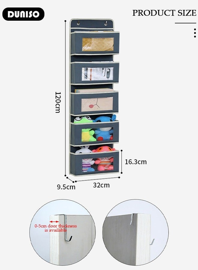 DUNISO Over The Door Pockets, 5 Large Pockets Storage Organiser, Fabric Foldable Hanging Organizer Door Hanger Storage with Clear Window and 2 Metal Hooks Behind Door for Bedroom - Image 4