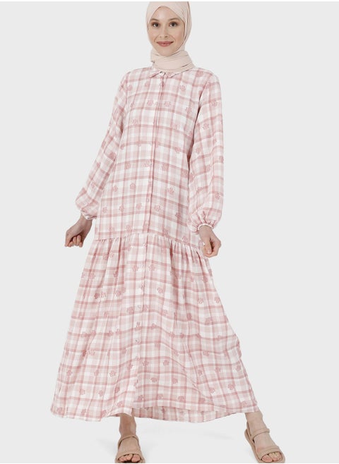 Checked Button Detail Dress