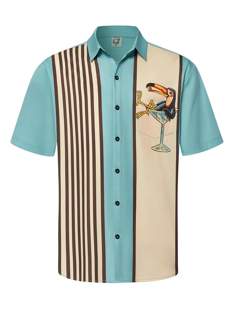 Hardaddy Men's Vintage Bowling Shirt Short Sleeve Button Down Hawaiian Summer Beach Printed Casual Shirts Green-10 XL - Image 1