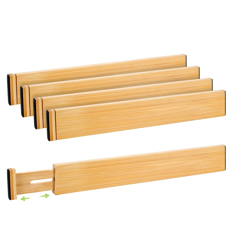 Fyvva Drawer Divider, Adjustable Bamboo Kitchen Drawer Organizer, Spring Loaded Drawer Organizer, Dresser Separators for Kitchen, Bathroom, Clothes, Office Desk Storage (Natural, 4 Pack Large) - Image 1