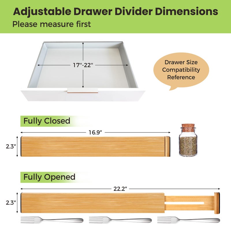 Fyvva Drawer Divider, Adjustable Bamboo Kitchen Drawer Organizer, Spring Loaded Drawer Organizer, Dresser Separators for Kitchen, Bathroom, Clothes, Office Desk Storage (Natural, 4 Pack Large) - Image 2