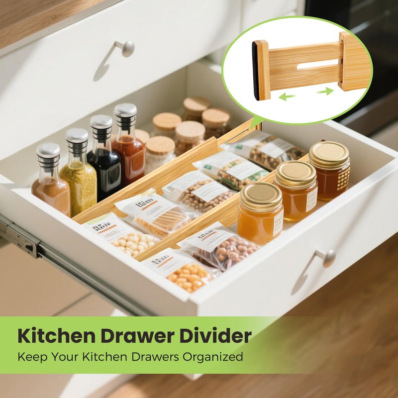 Fyvva Drawer Divider, Adjustable Bamboo Kitchen Drawer Organizer, Spring Loaded Drawer Organizer, Dresser Separators for Kitchen, Bathroom, Clothes, Office Desk Storage (Natural, 4 Pack Large) - Image 4