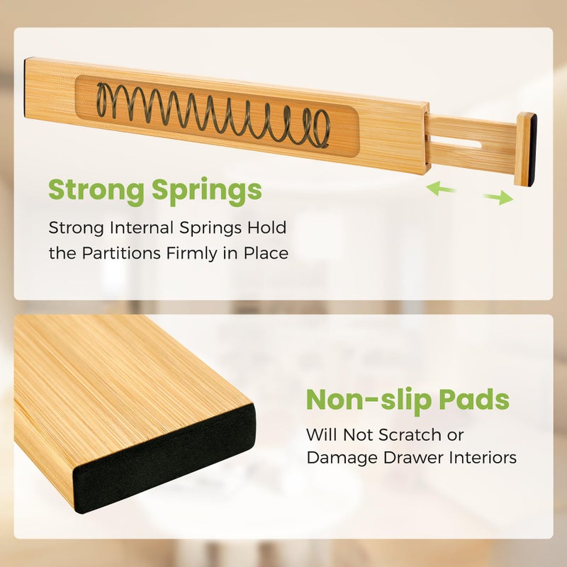 Fyvva Drawer Divider, Adjustable Bamboo Kitchen Drawer Organizer, Spring Loaded Drawer Organizer, Dresser Separators for Kitchen, Bathroom, Clothes, Office Desk Storage (Natural, 4 Pack Large) - Image 3