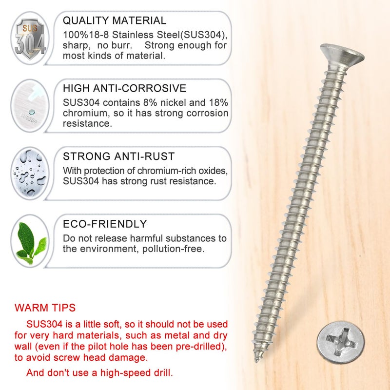 Kinder Wood Screws - 50PCS Flat Head Phillips Screws, 304 Stainless Steel Screw with Adjustable Wood Countersink Kit (#6 x 2) - Image 2
