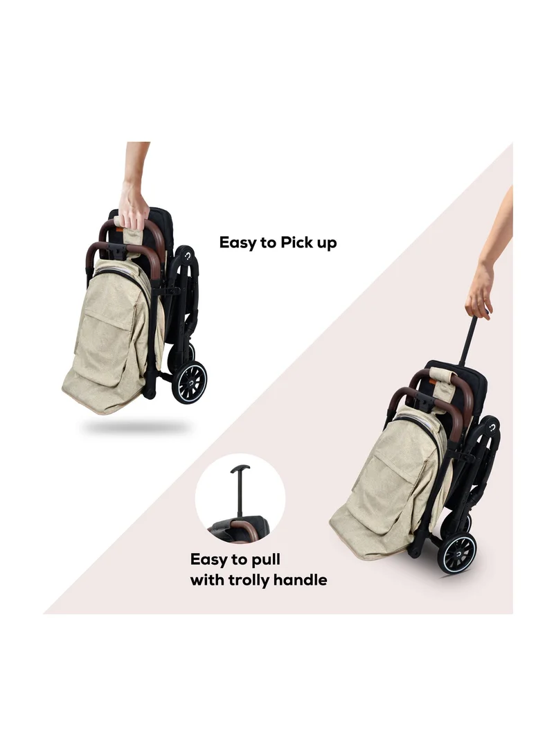 Nurtur Bravo Plus Baby Stroller 0 to 36 months, Storage Basket, Leatherette details, One -hand fold design, 5 Point Safety Harness, EVA wheels - Black/Sand