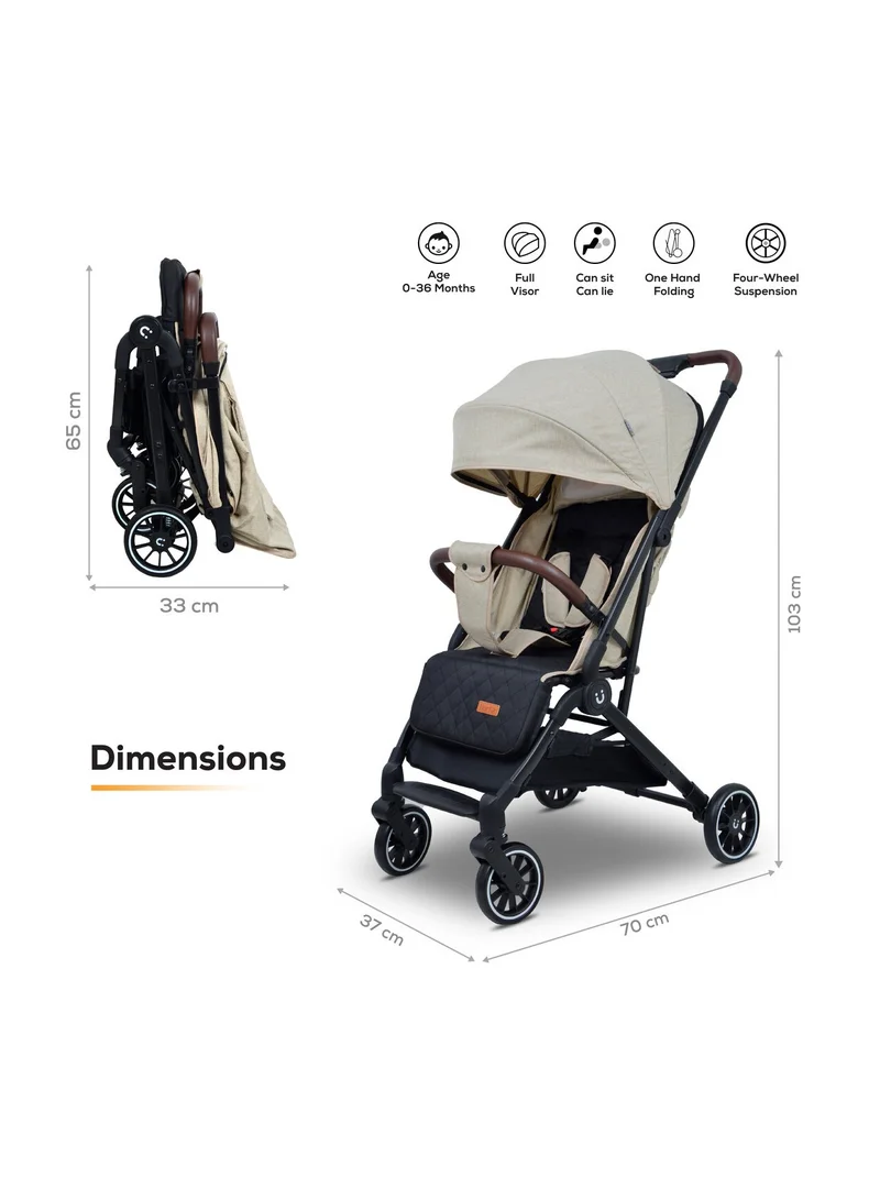 Nurtur Bravo Plus Baby Stroller 0 to 36 months, Storage Basket, Leatherette details, One -hand fold design, 5 Point Safety Harness, EVA wheels - Black/Sand