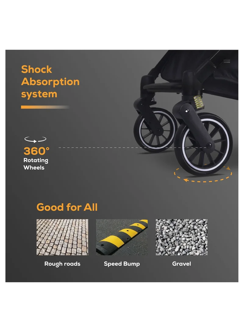 Nurtur Bravo Plus Baby Stroller 0 to 36 months, Storage Basket, Leatherette details, One -hand fold design, 5 Point Safety Harness, EVA wheels - Black/Sand