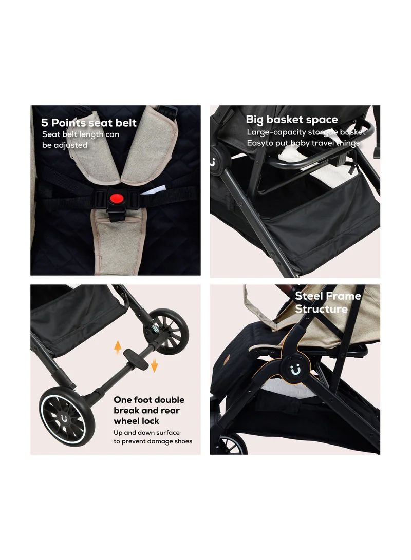 Nurtur Bravo Plus Baby Stroller 0 to 36 months, Storage Basket, Leatherette details, One -hand fold design, 5 Point Safety Harness, EVA wheels - Black/Sand