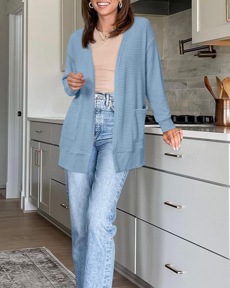 STYLEWORD Women's 2025 Cardigan Fall Fashion Sweater Summer Waffle Lightweight Open Front Knit Casual Long Cardigans Outfits Business Clothes with Pockets(Blue-L) - Image 4