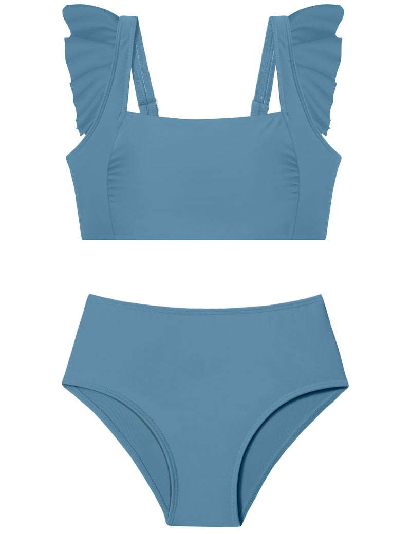 ZAANTI Teen Bathing Suits for Girls 12-14 Ruched Ruffle Trim Adjustable Shoulder Straps High Waist Girls Swimsuit with Shorts with Removable Chest Pad 2 Piece Swimsuit for Teens Blue - Image 1