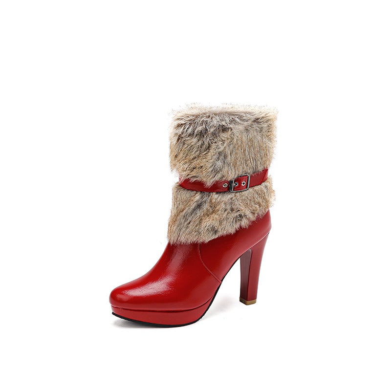 2024 Wish Fashion High Heel Thick Bottom 32-43 Round Head Size Wool Tube Low Boots - Image 1