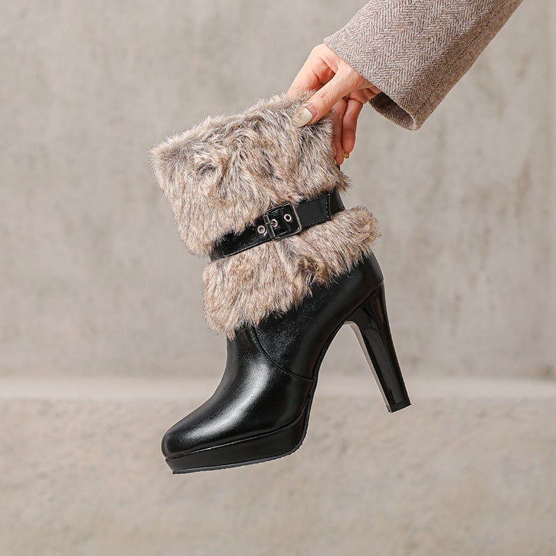 2024 Wish Fashion High Heel Thick Bottom 32-43 Round Head Size Wool Tube Low Boots - Image 4
