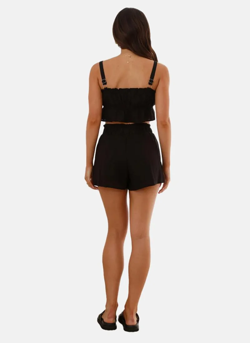 YUNIQEE Black Shoulder Strap Solid Crop Top With Shorts