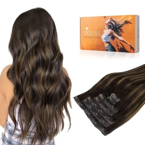 DOORES Clip in extensions - Real Human Hair with Invisible Edge, Dark Brown to Chestnut Brown 22 Inch 150g 7pcs, Straight Natural Virgin Hair - Image 1