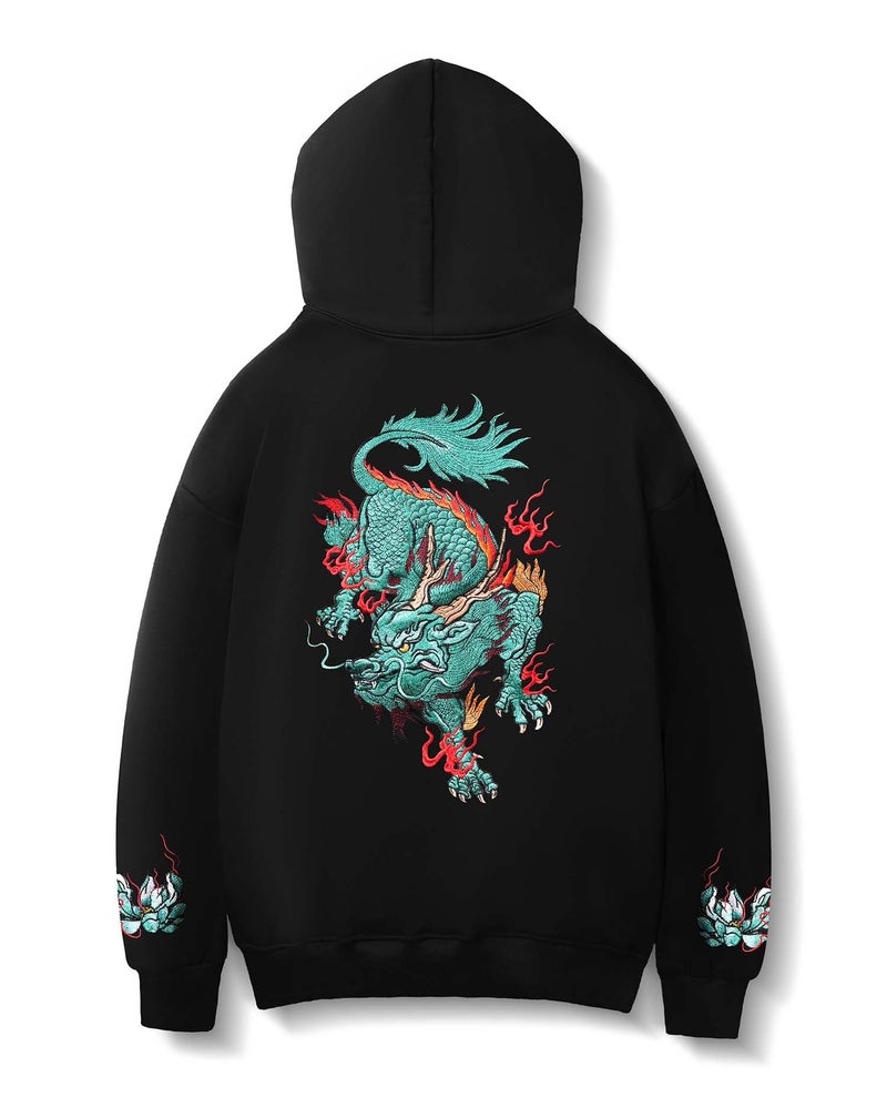 Niepce Inc Streetwear Kirin Embroidered Men's Heavyweight Graphic Hoodies (as1, alpha, x_l, regular, regular, black-blue-kirin) - Image 1
