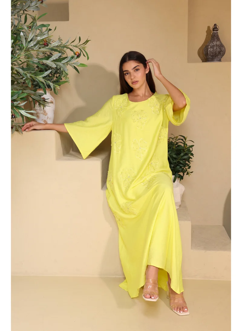 IKKXA Applique Flowers Crystal Details Jalabiya IK6027 Yellow