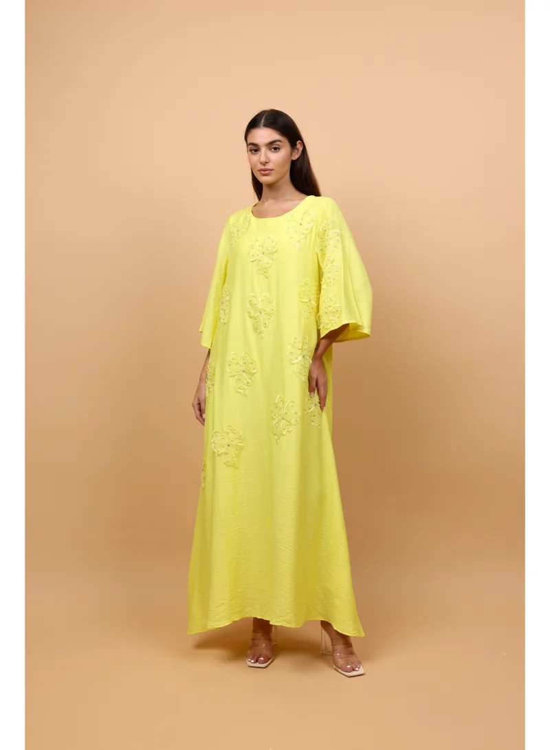 IKKXA Applique Flowers Crystal Details Jalabiya IK6027 Yellow