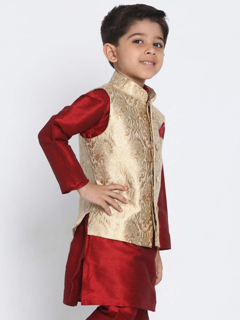 JBN Creation Boys' Rose Gold Silk Blend Nehru Jacket || Banarasi Brocade Woven Jacquard Modi/Nehru Jacket || Ethnic Wear for Festivals, Weddings_VASBJ024RG_20 - Image 3