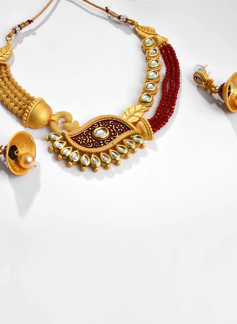 SOHI Red Stone-Studded & Pearl Beaded Artificial Jewellery Set