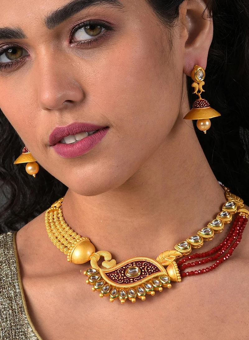 SOHI Red Stone-Studded & Pearl Beaded Artificial Jewellery Set