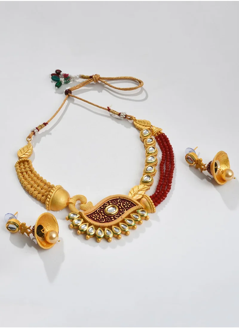 SOHI Red Stone-Studded & Pearl Beaded Jewellery Set