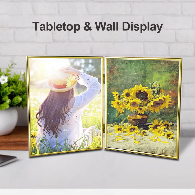 HIKWADERY 8x10 Picture Frame Double Hinged Folding  Thin Edge Metal Real Glass 8 by 10 Photo Frames  for Tabletop and Wall Display (8 x 10  Gold) - Image 2