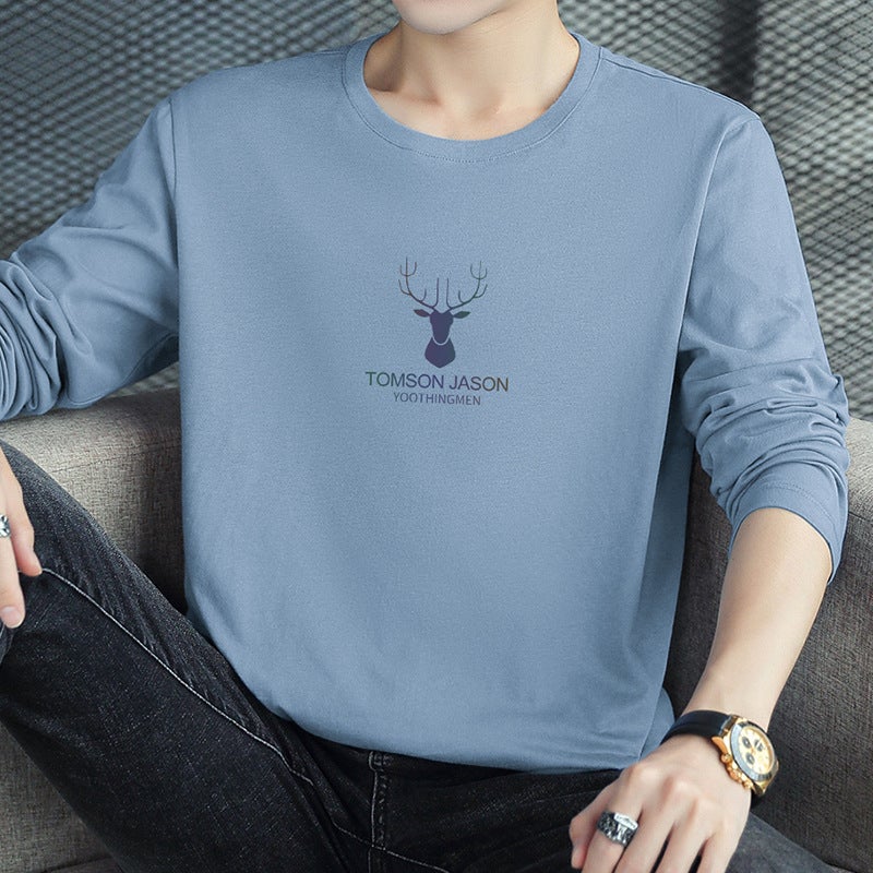 Cotton Long-Sleeved T-Shirt Men'S Trendy Brand Deer Head Printed Autumn Clothes Inner Base Shirt Autumn Small Shirt Loose Cotton T-Shirt - Image 1