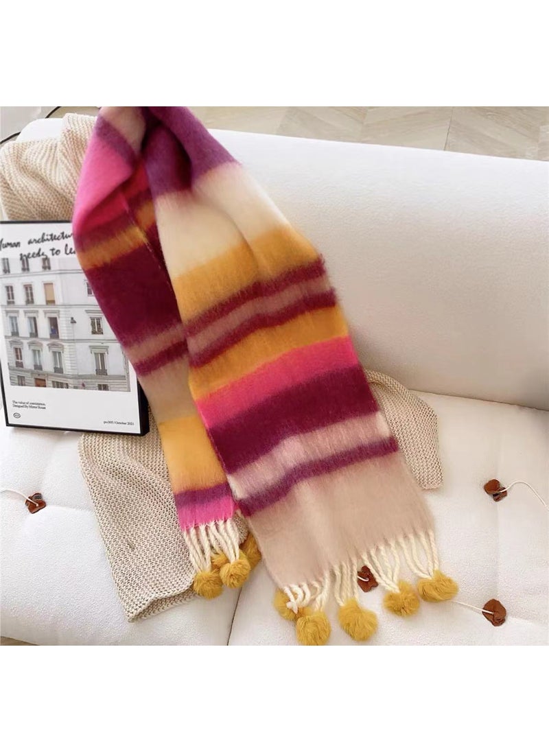 Generic - Striped Mohair Scarf Rainbow Tassel Shawl Pink - Image 1
