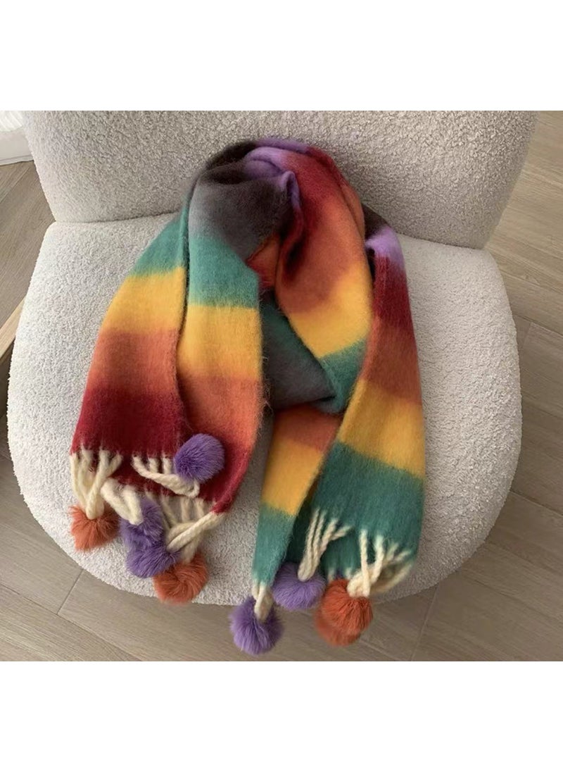 Generic - Striped Mohair Scarf Rainbow Tassel Shawl Pink - Image 1