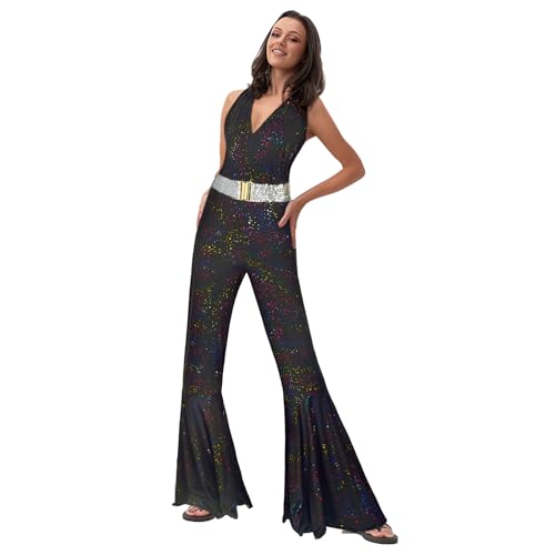 Uezjymi 70s Disco Outfits For Women Sparkle Flare Jumpsuit Party Costume For Adult Women z3775 S - Image 3