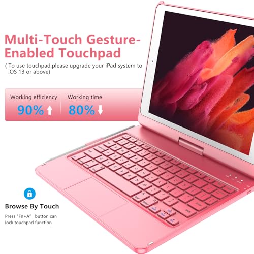 TQQ Touch for iPad 9th Generation Case with Keyboard (10.2", 2021), Multi-Touch Trackpad, 360° Rotatable Protective Cover for iPad Keyboard 9th/8th/7th Gen with Pencil Holder (Pink) - Image 2