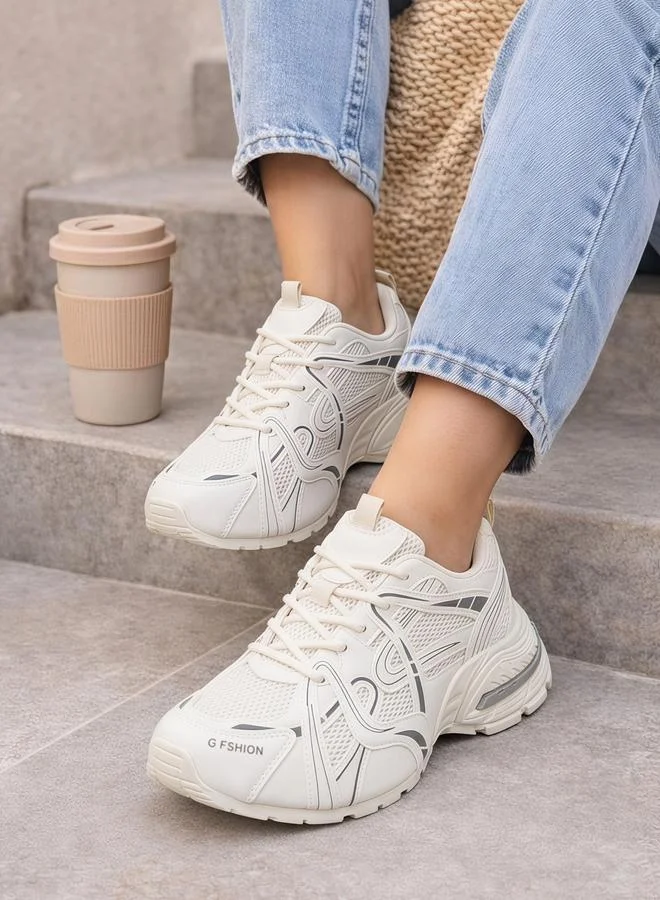 Styli  Beige Logo Detail Athletic Sneakers for Women | Best Price UAE