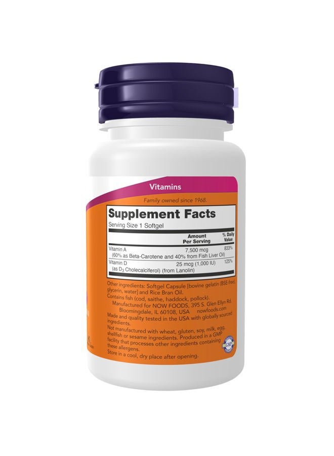 now مكملات، فيتامين أ و د3 25,000/1,000 وحدة دولية، صحة العين*، تغذية أساسية، 100 كبسولة لينة - Image 2