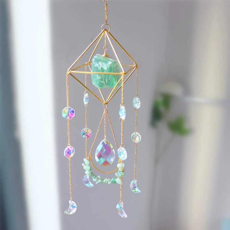 Cactopia Raw Crystal Suncatchers, Rainbow Maker for Window, Balcony, Garden, Boho Decor & Gifting (Green Fluorite) - Image 1
